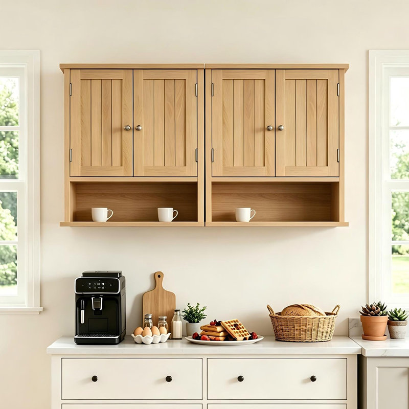 55 x 60 cm Oak Kitchen Wall Cabinet with Double Doors & Adjustable Shelf, Open Shelf Kitchen Cupboard 2-Piece Wall-Mounted Storage Cabinet for Dining Room Breakroom