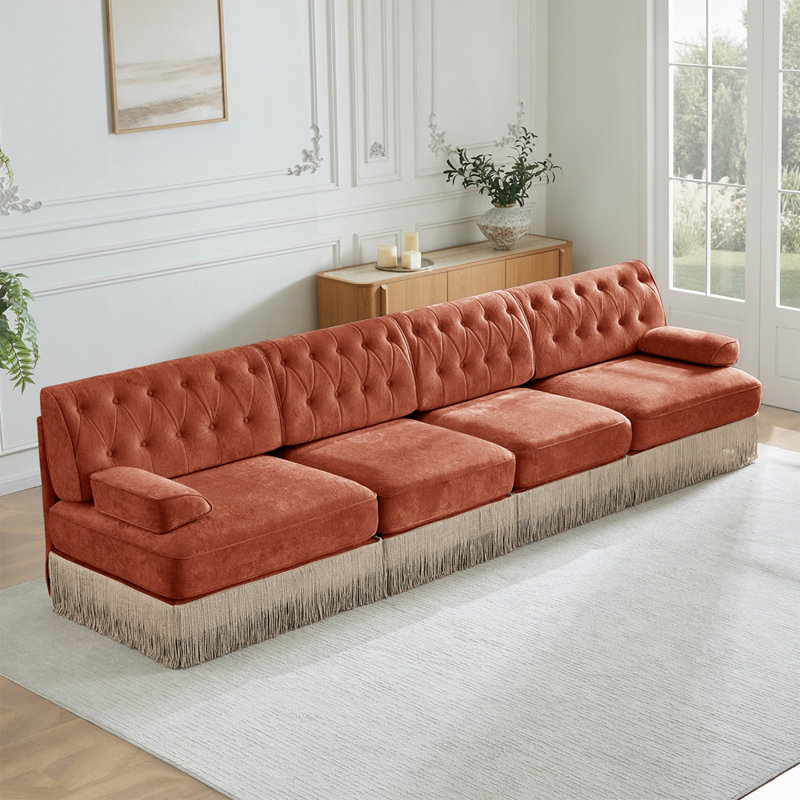 Canapé Chesterfield 4 places, H 34,2 po x l 135,6 po x P 33,8 po, Rouge / Brun