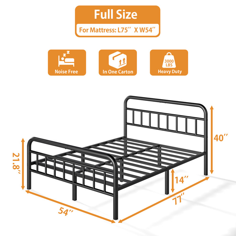 14"h Metal Platform Full Bed Frame With Industrial Style Headboard & Footboard, Full XL