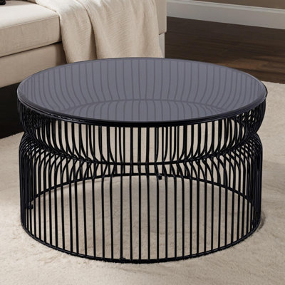 Table basse de 30 po, table ronde moderne en métal et plateau en verre trempé teinté Modern Modern