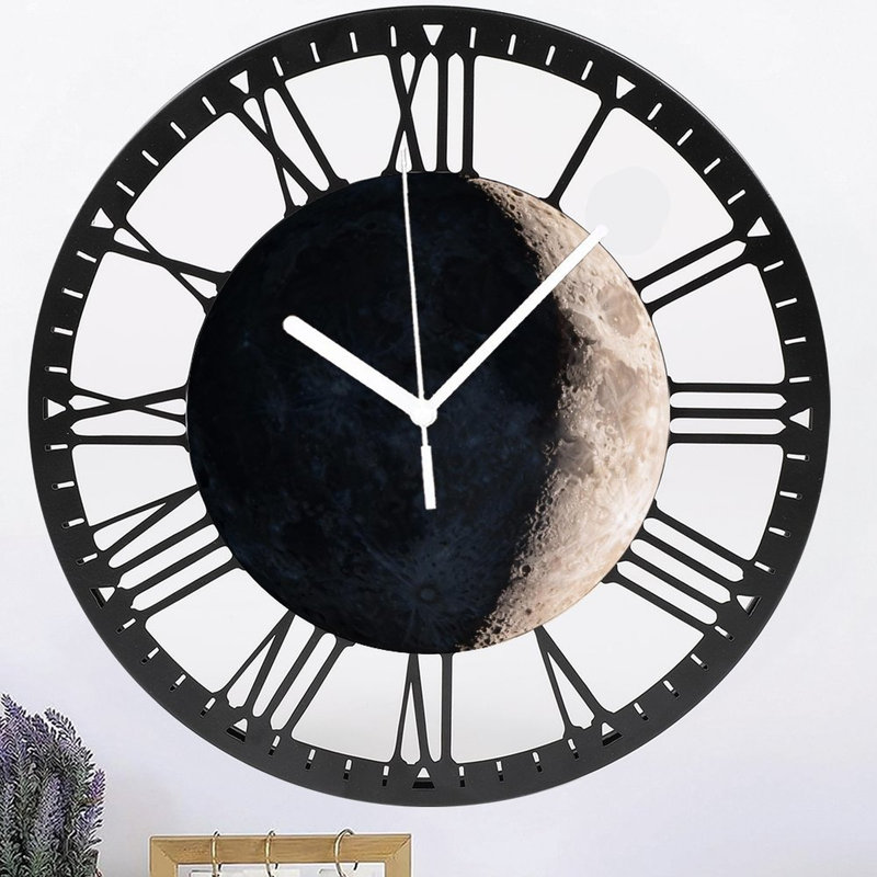Horloge murale ronde en fer 10 po avec mouvement à quartz silencieux, chiffres romains, impression UV, Premier quart de lune