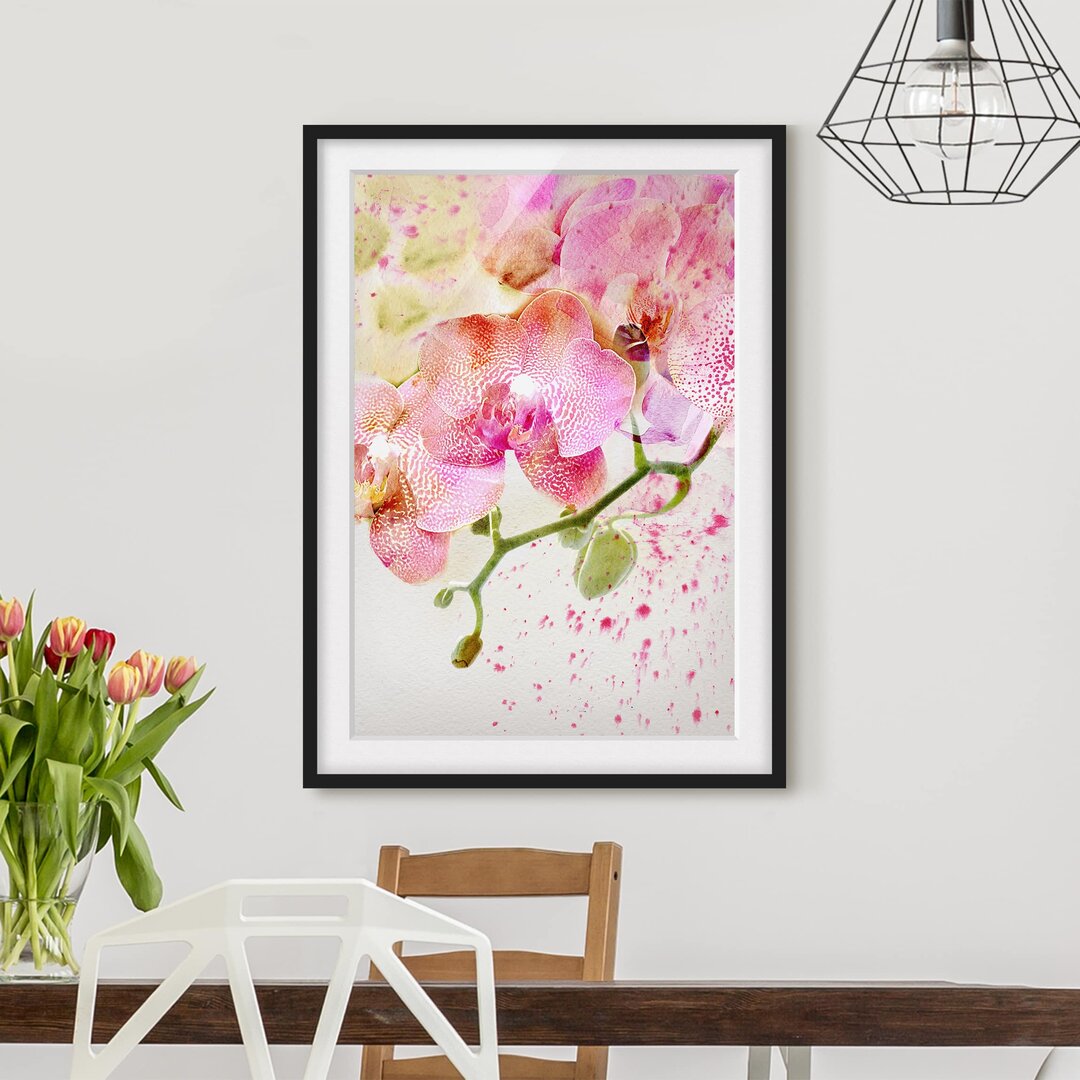 Gerahmtes Papierbild Aquarell Blumen Orchideen