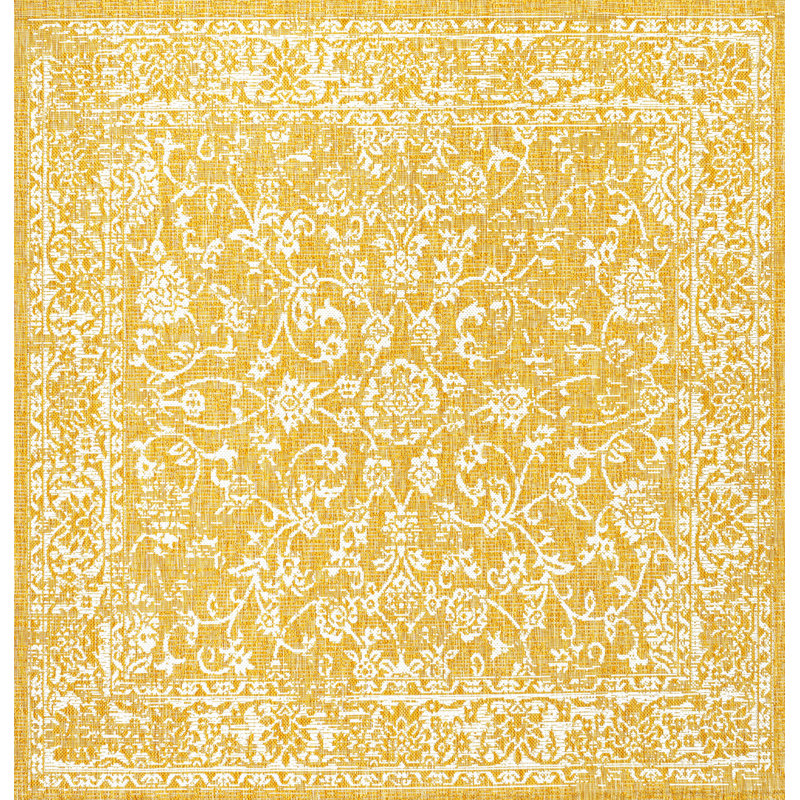 Delcine Bohemian Textured Weave Floral Yellow/Cream Indoor/Outdoor Rug, Square 5'3"