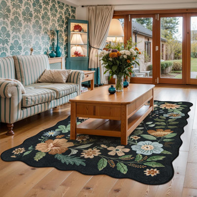 Floral Rugs for Living Room, 5x7 Area Rugs Ultra-Thin Soft Washable Rug, Non-Slip Bedroom Rug Stain Resistant Boho Flore Carpet for ‎Dining Room Office (5x7ft,Black/Grey)