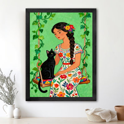 Art rétro encadré noir, "Fille jouant avec un chat", impressions de style rétro
