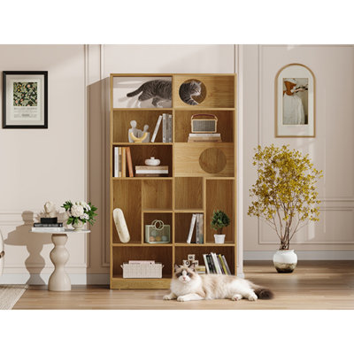  Maison de chat moderne en bois 2 en 1, étagère de rangement pour arbre à chat avec bac à litière, naturel