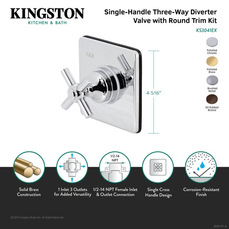 Kingston Brass Elinvar Single-Handle Wall Mount Three-Way Diverter Valve with Trim Kit, Oil Rubbed Bronze