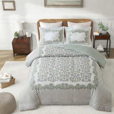 Ensemble de literie à motif floral vert, housse de couette en coton avec taies décoratives