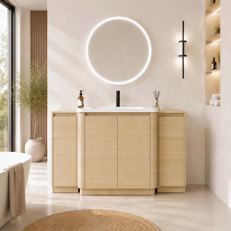 Meuble-lavabo autoportant de 60 pouces avec lavabo en céramique blanche et 2 petites armoires de rangement, Ameican White Oak