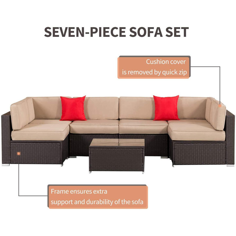 6-Person Brown Wicker Outdoor Sectional Sofa with Glass Table