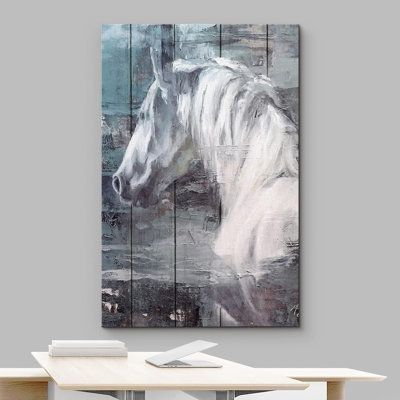 Chevaux qui courent, panneau rétro effet bois pastel, animaux blancs, art numérique, ferme rustique