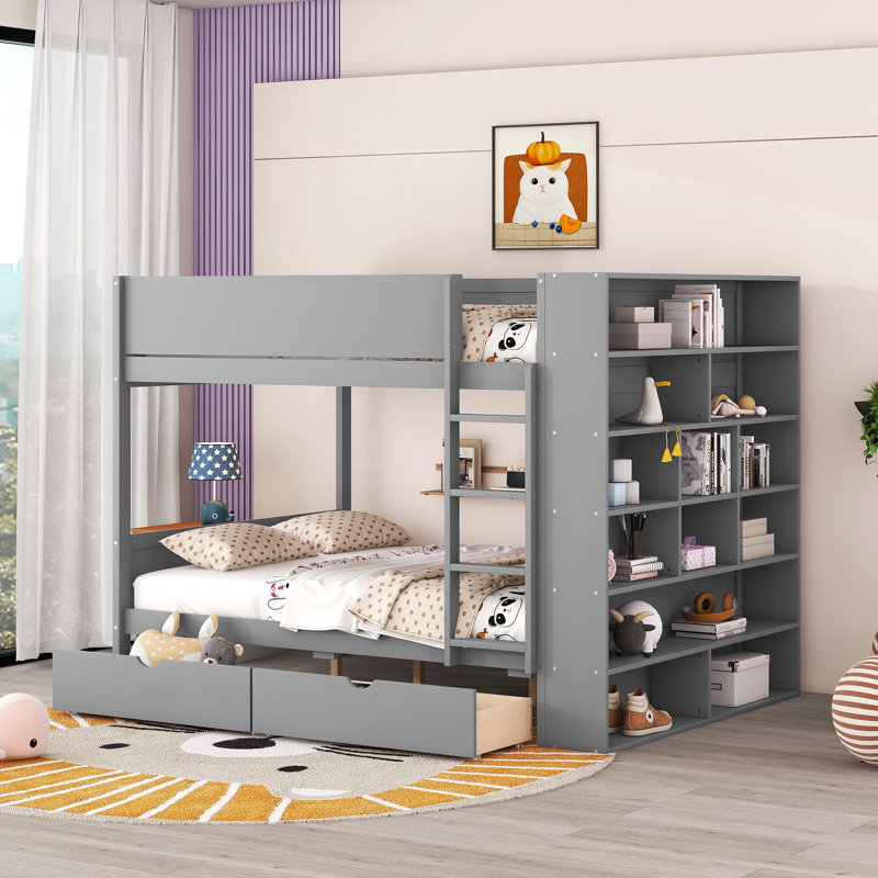 Lit superposé double / double au-dessus de double / double avec 2 tiroirs et armoire à couches multiples, gris, Gris