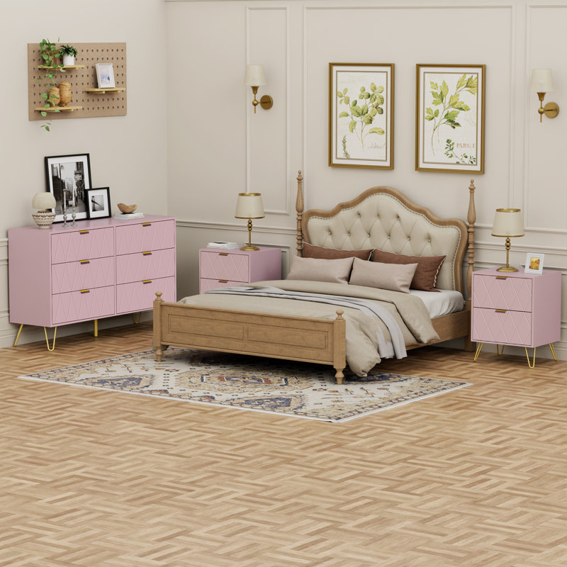 Ensemble de commode pour chambre à coucher 6 tiroirs l 47,2 po avec 2 tables de chevet, Rose
