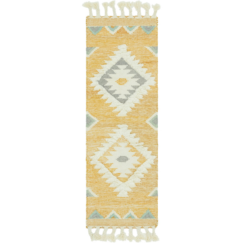 Tapis jaune en laine tissé à plat à la main Shriver Southwestern, Tapis de couloir 2 pi 2 po x 6 pi 1 po