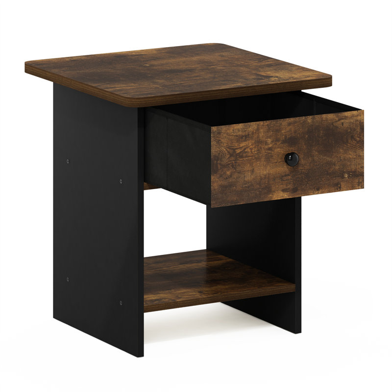 Ebern Designs Duffield Nightstand, Bedside Table Storage Shelf with Bin Drawer, Amber Pine/Black