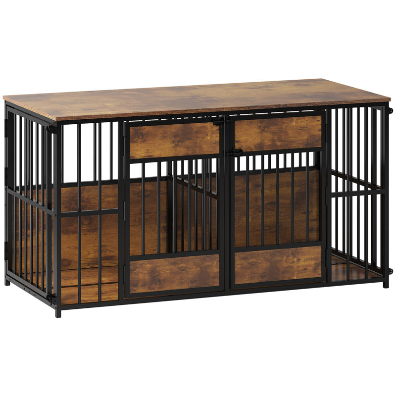 Cage à chien double de 47,2 pouces avec porte latérale, structure en métal lourd et en bois.