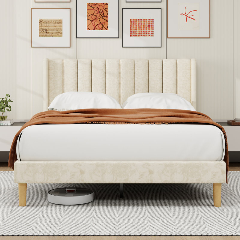 Sutter Upholstered Wingback Bed, Queen, Beige
