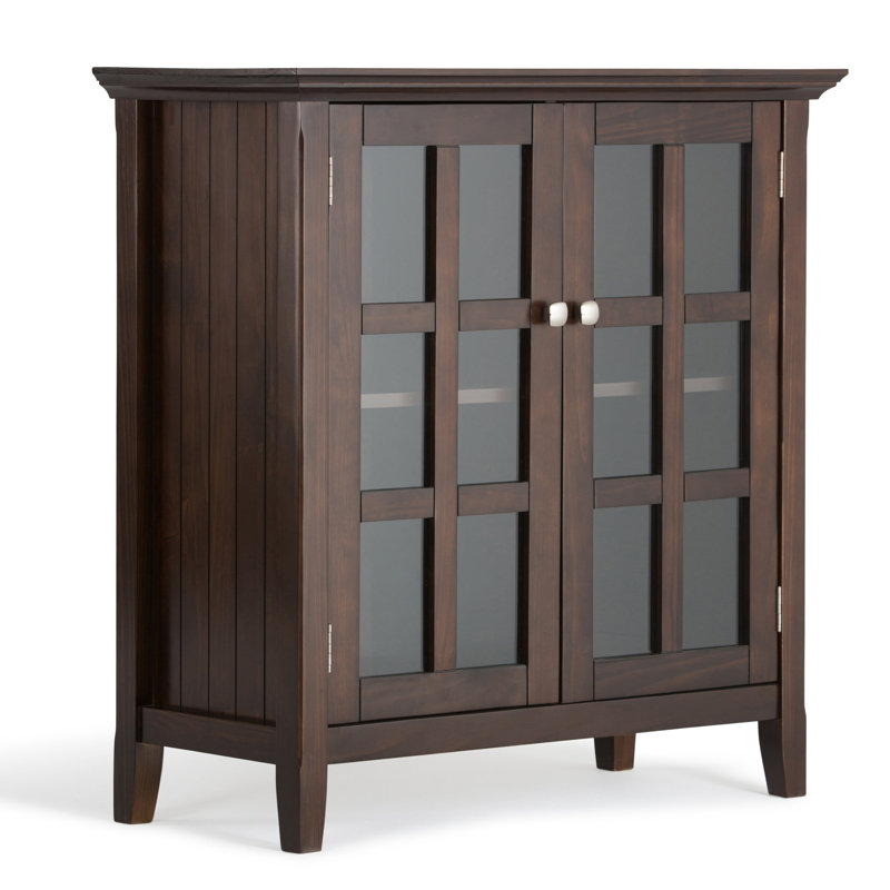 Acadian Solid Wood Transitional Low Storage Cabinet with Glass Doors and Adjustable Shelves, Light Golden Brown