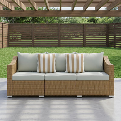 Canapé de patio 3 places en rotin et osier avec coussins et coussins - gris clair