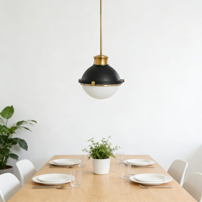 Cameron Mid-Century Modern Pendant Light With Frosted Glass Diffuser And Metal Shade, Matte Black With Natural Brass Accents, Hardwired Ceiling Fixture