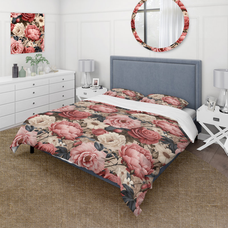 Ensemble de housse de couette Antique Pink Flower Garden Beauty I, Housse de couette pour très grand lit et 2 très