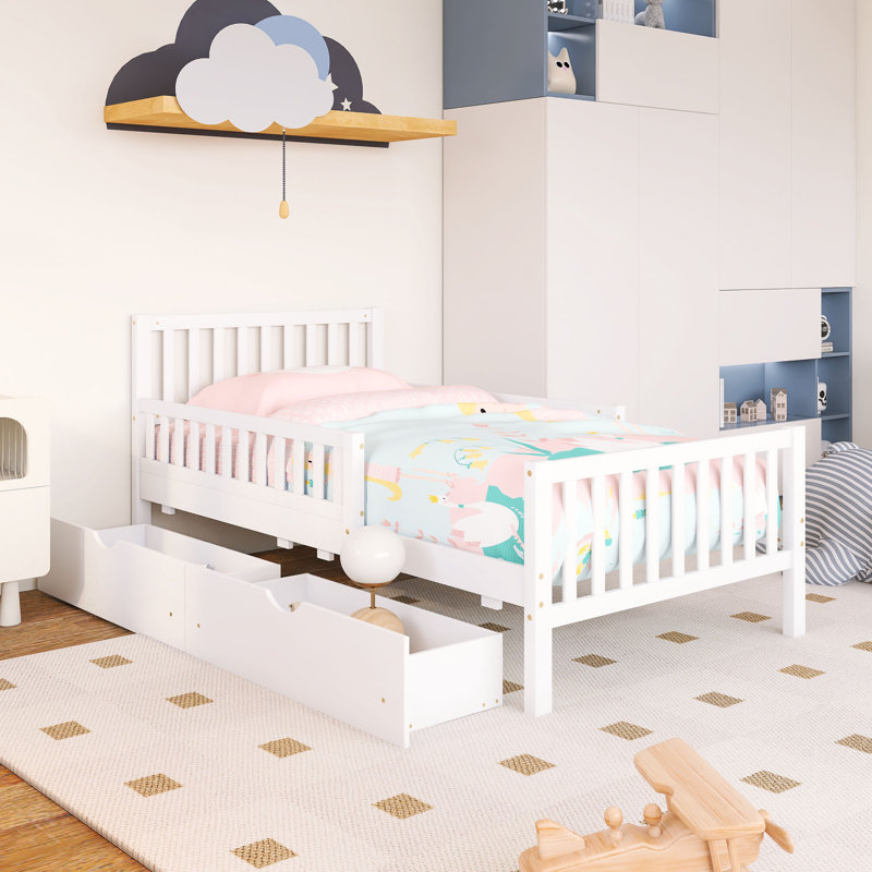 Lit plateforme simple en bois avec garde-corps et deux tiroirs de rangement, Lit simple, Blanc