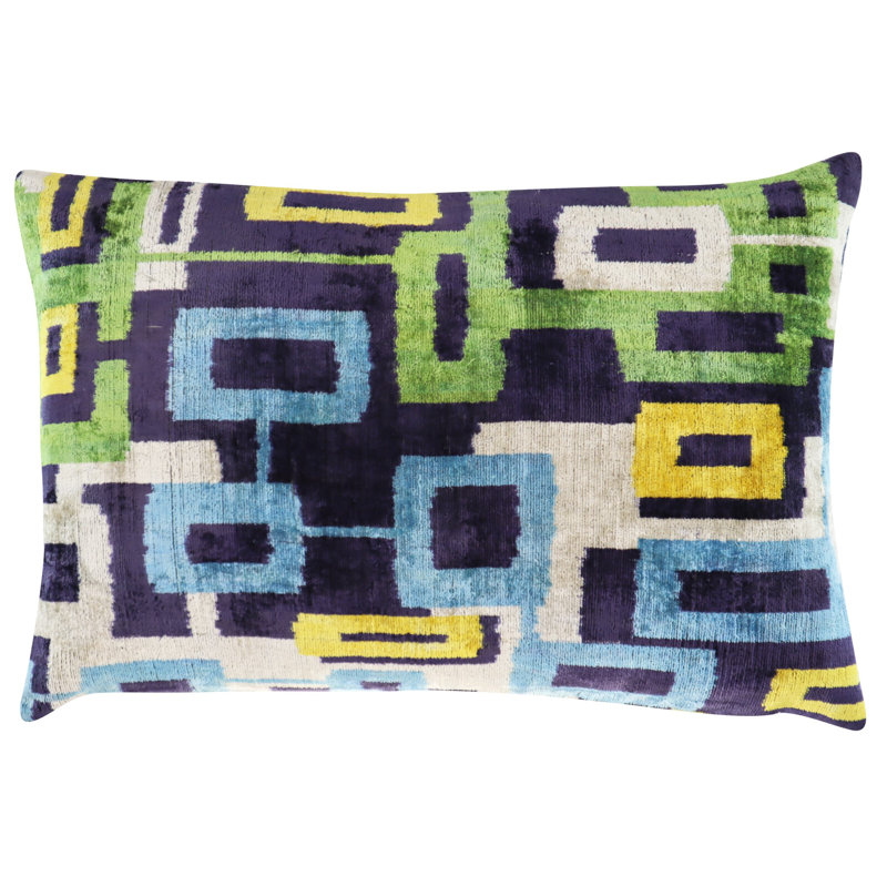 Velvet Lumbar Pillow Cover & Insert, Blue/Green/Yellow Geometric 1