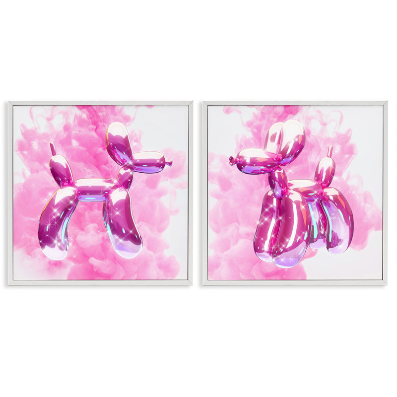 «Sparkle Balloon Dogs», ensemble de 2 giclées par Ziwei Li, Estampe numérique encadrée blanc bord de mer, H 17 po x l 17 po