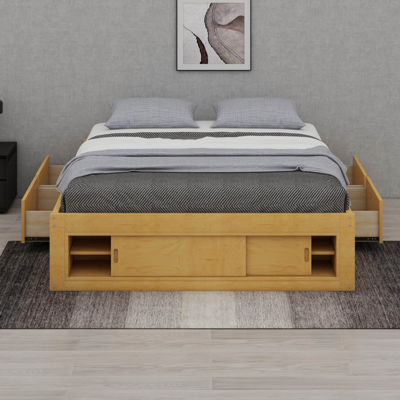 Queen Size Platform Bed Frame With 4 Under-Bed Drawers & Footboard Storage Cubby, Headboard-Free Modern Design, Natural
