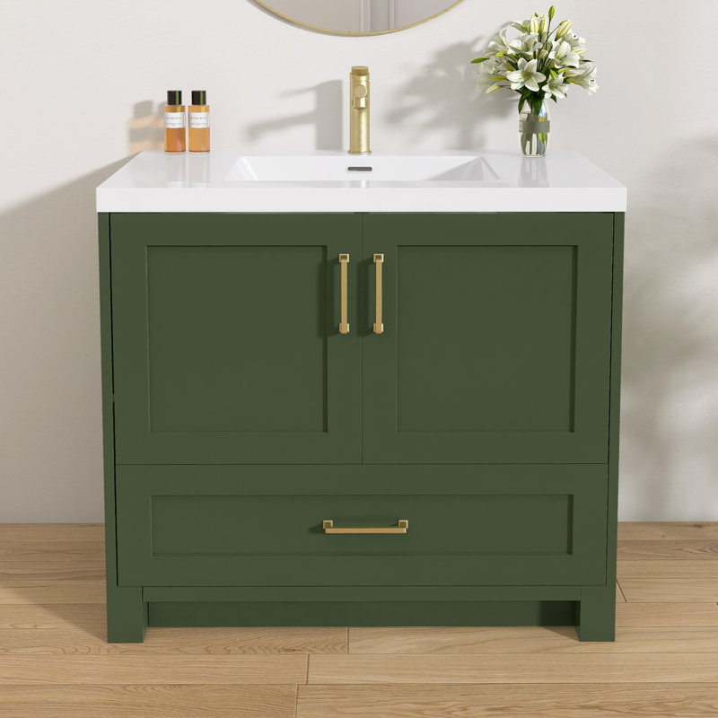 Meuble-lavabo simple en bois massif Arham, Vert, Or