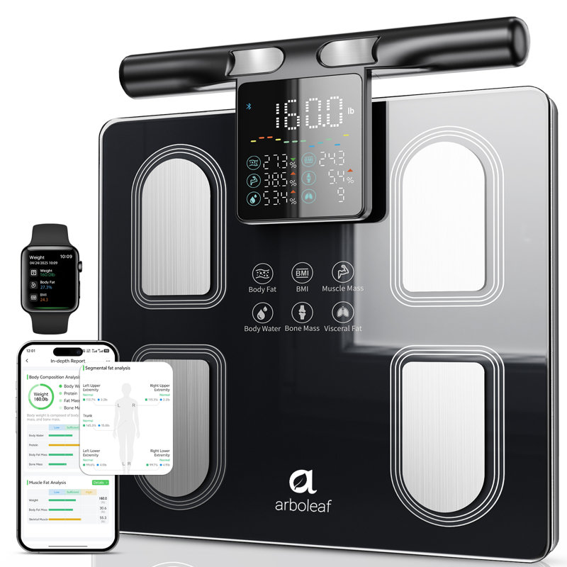 Pèse-personne intelligent avec poignée sensorielle - 8 électrodes - Moniteur de composition corporelle de haute précision - Plus de 50 mesures, affichage à DEL, IMC, mesure des muscles et de la graisse, compatible avec Apple Health et Android Health, pour la salle de sport et la maison