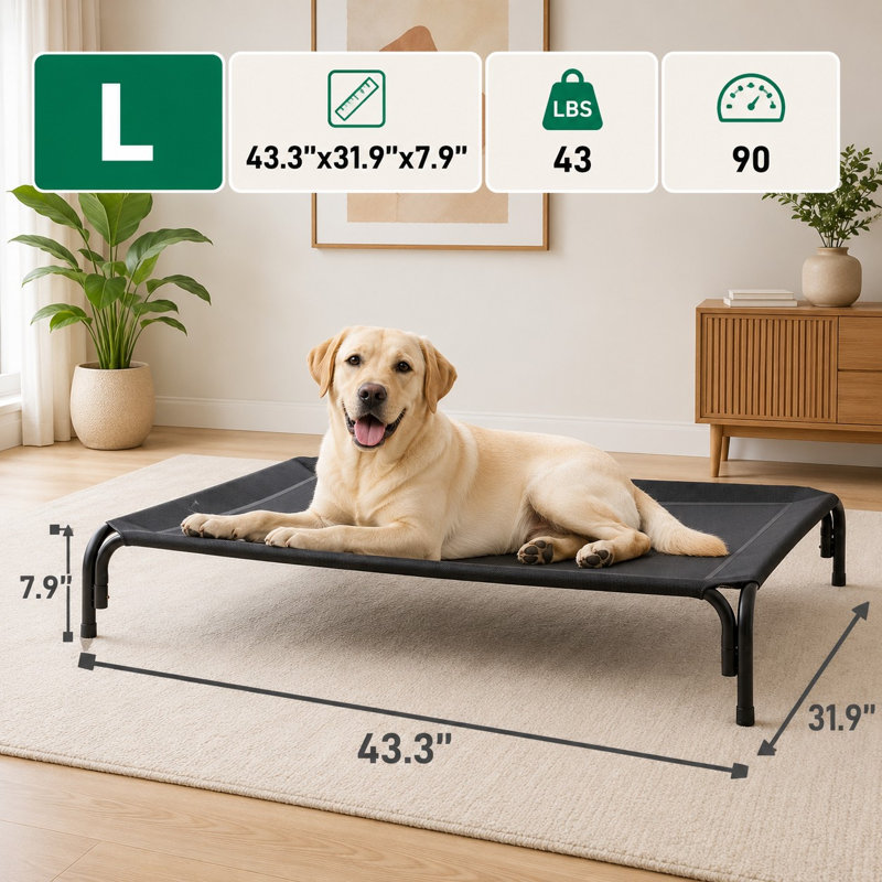 Lit noir surélevé de 43,3 pouces pour grands chiens, utilisant un cadre avec une maille respirante et lavable et des pieds antidérapants ; aucun outil n'est requis pour l'installation, et le lit convient également à une utilisation intérieure.