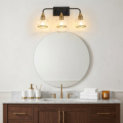 Applique murale moderne industrielle 23 lumières à 3 lumières de 23 pouces, noire et dorée avec abat-jour en verre transparent, pour salle de bain, meuble-lavabo, espaces de vie (ampoule non incluse)