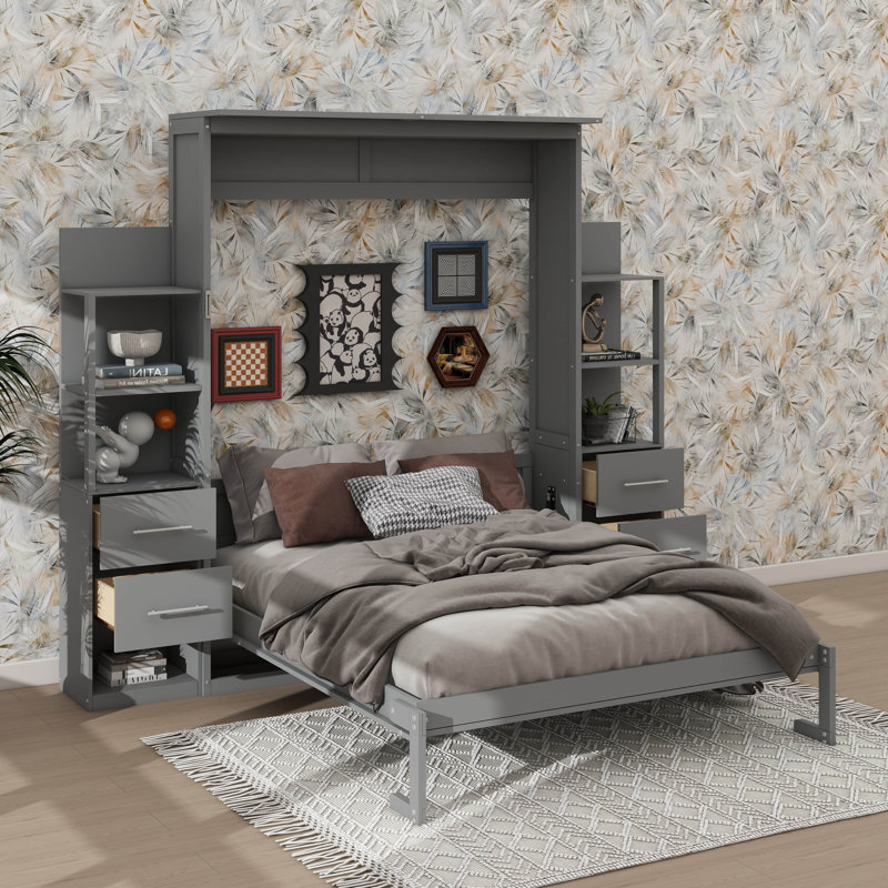 Grand lit escamotable mural avec supports, tiroirs et éclairage intégré, Gris