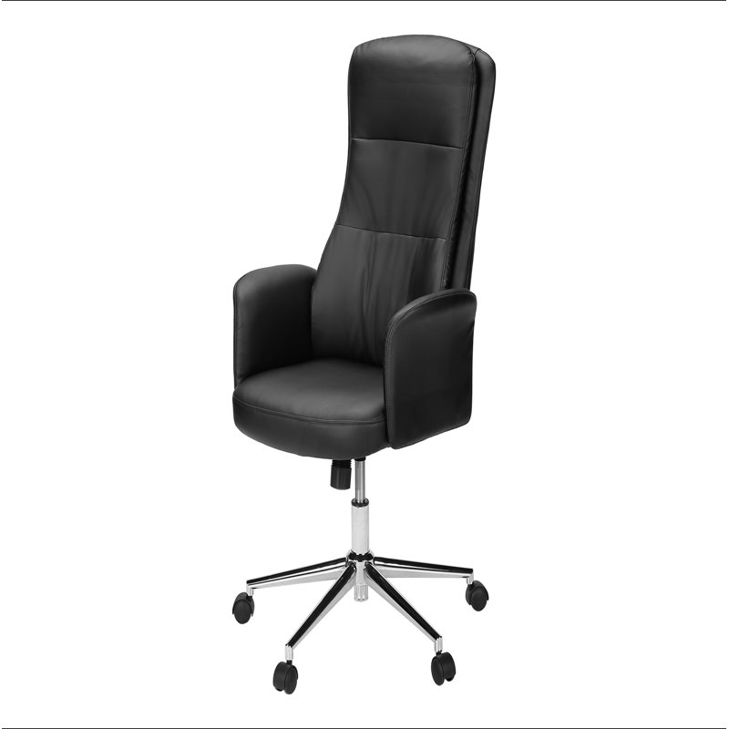 Chaise de bureau, pivotante, hauteur réglable, accoudoirs, ergonomique, travail, aspect cuir noir, métal chromé, contemporaine, moderne