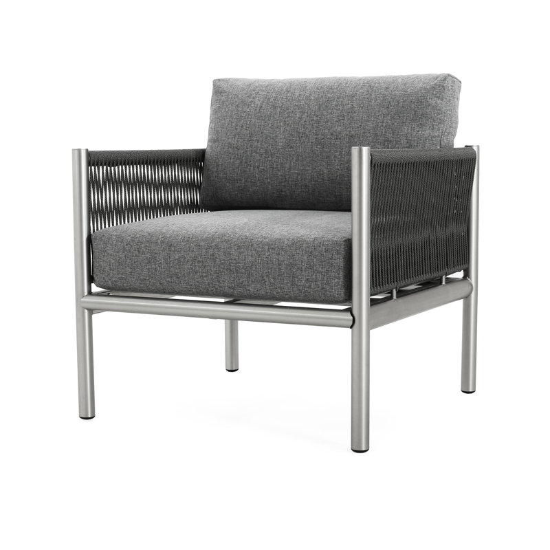Fauteuil club à structure en aluminium, à oreilles en corde tressée argenté et gris, 29 po Profondeur, 27,5 largeur, 24,02 hauteur, pivotement de 20,12 lb