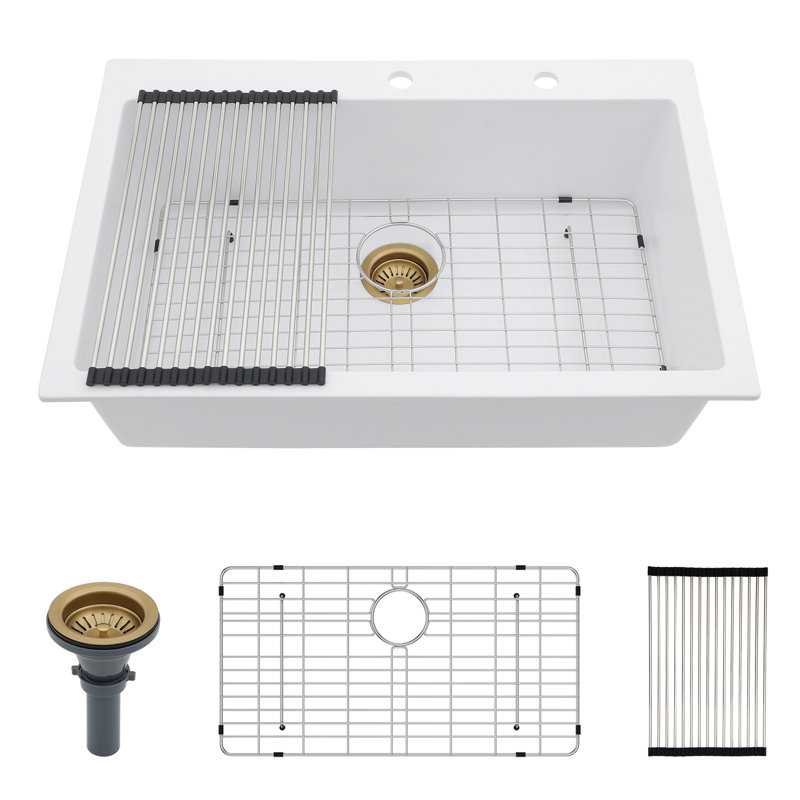 Évier de cuisine en quartz - Évier de cuisine encastré en granite blanc 33 x 22 po, Acier Inoxydable