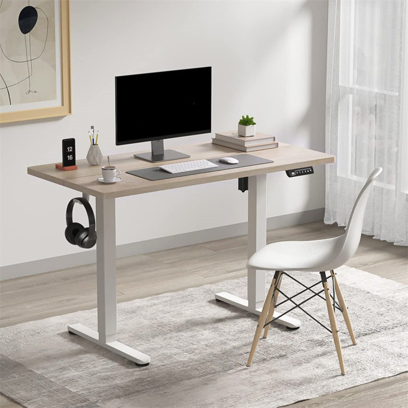 Khaseem 48" Adjustable Height Electric Standing Desk with Memory Controller and Hook, Light Brown/White