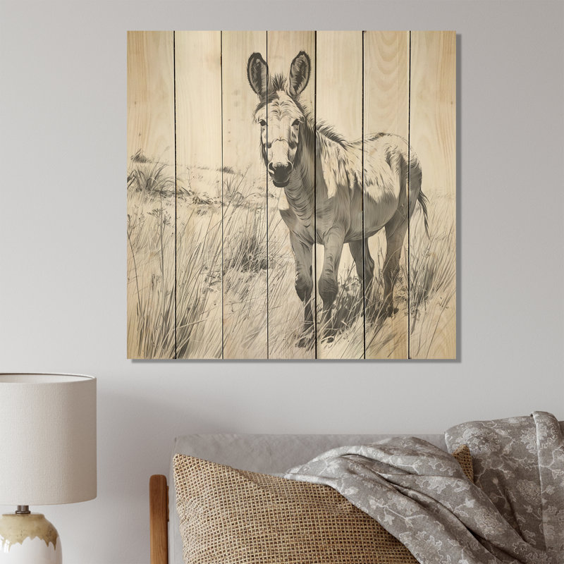 «Donkey Meadow Journey» en noir et blanc - impression sur bois, H 30 po x l 30 po