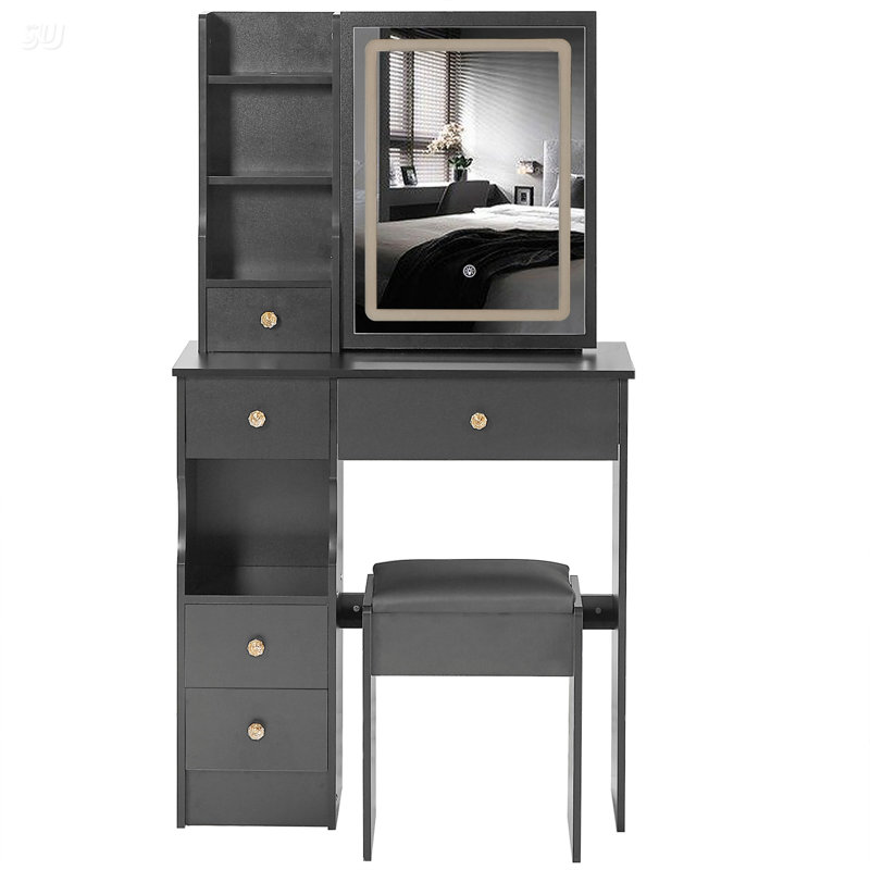 Compact Vanity Table Set With LED Mirror, Sliding Drawer, And Padded Stool For Small Spaces, Black