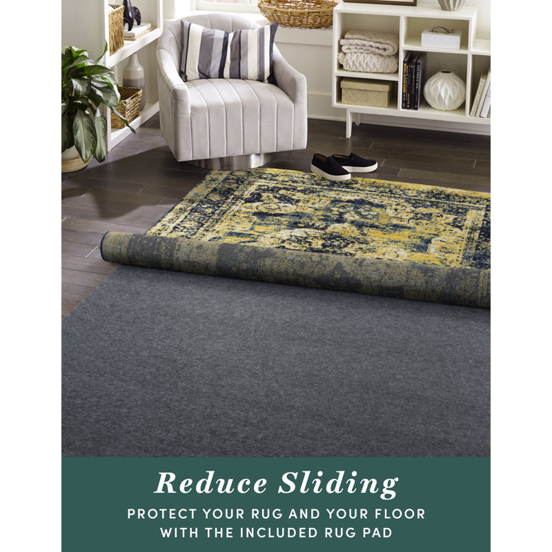 Ensemble de tapis Gourley, Oui, Marine/Jaune, Rectangle 7 pi 1 po x 10 pi