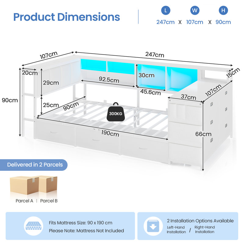 Single Bed Frame with Storage, 9 Drawers, LED Lights and Charging Station, Single Beds with Study Desk & Upholstered Headboard, Reversible Corner Bed Frame, 2 AC Sockets, 2 USB Ports