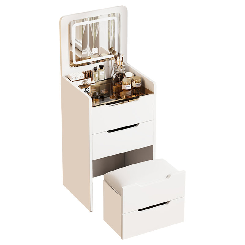 Élégante coiffeuse 3 en 1 avec bureau en verre, tabouret de maquillage, rangement interne, miroir compact pour meuble de chambre à coucher, rangement