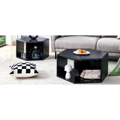 Table hexagonale de style moderne, noire avec table basse polyvalente. Rangement multifonctionnel. Différentes tailles. Nettoyage facile. Matériau