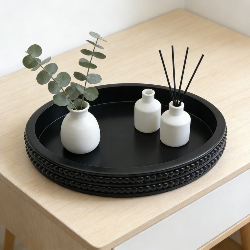 Modern Oval Decorative Tray With Wood Bead Trim, Farmhouse Rustic Serving And Display Tray For Table Centerpiece And Home Organization