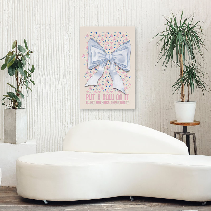 «Put A Bow On It - Contemporary Blue Bow Floral Art Art féminin, H 24 po x l 36 po