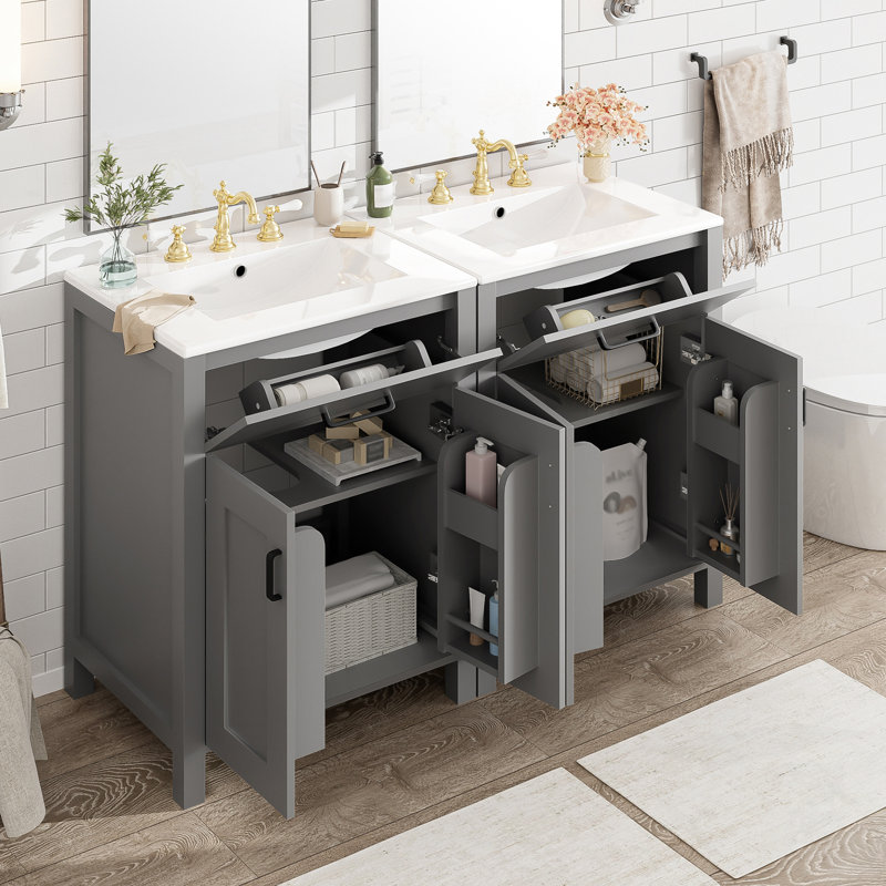 Meuble-lavabo de salle de bain avec lavabo en céramique, portes à fermeture en douceur, tiroir rabattable, tablettes de porte à double couche, solution de rangement élégante