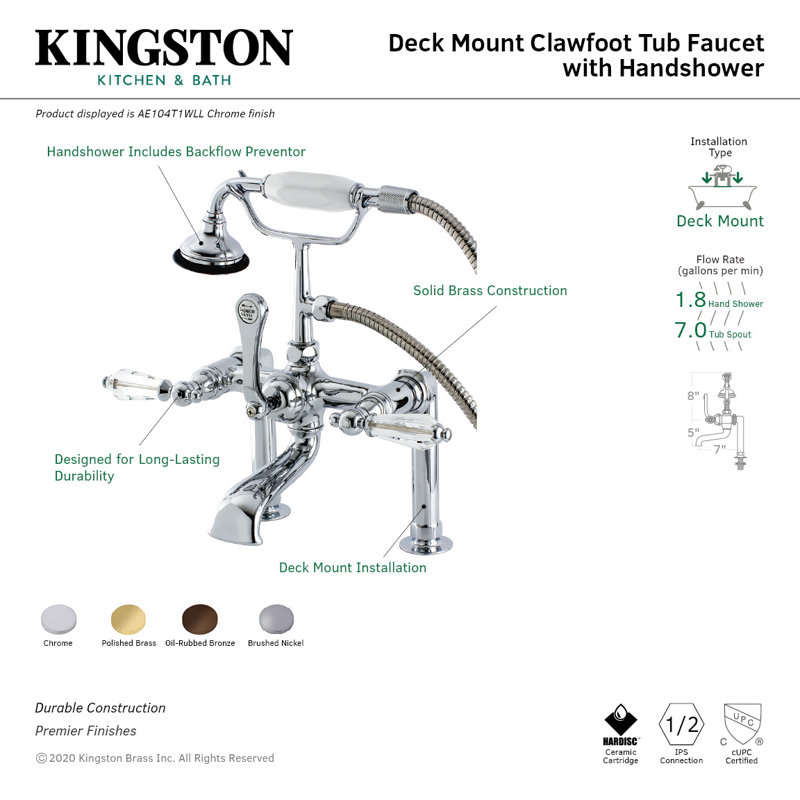 Kingston Brass Wilshire Three-Handle 2-Hole Deck Mount Clawfoot Tub Faucet with Hand Shower, Polished Brass