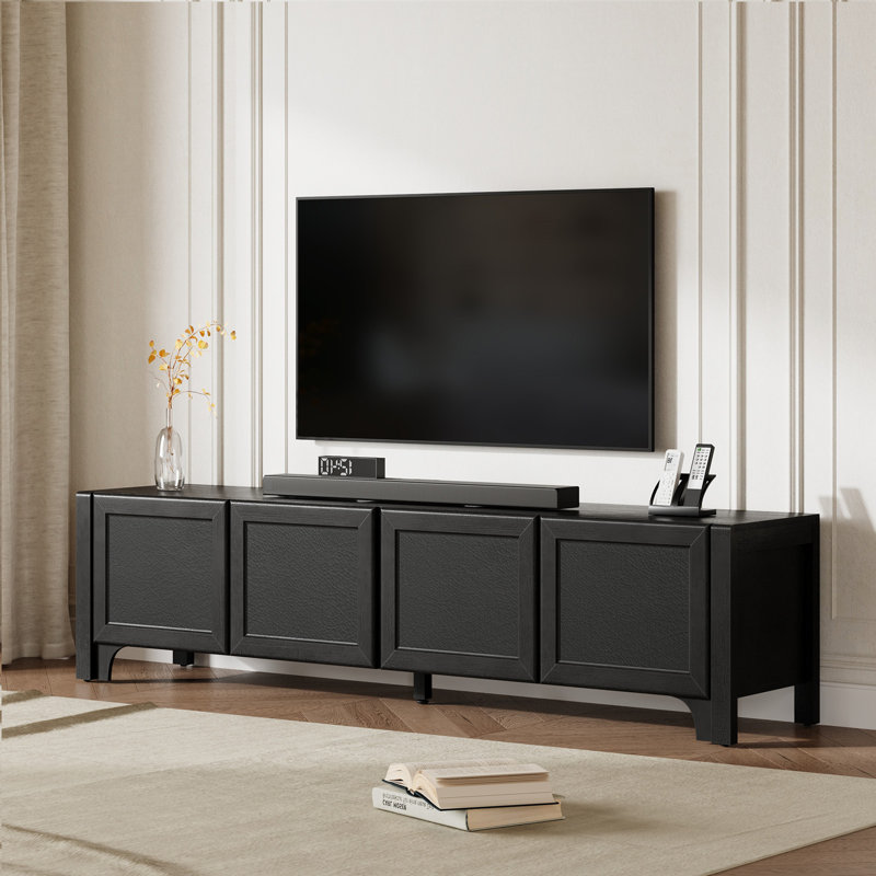 Black Tv Stands For 65 70 Inches Tv, 70" Modern Media Console For Living Room, Leather Wrapped Door Panels Tv Entertainment Center With Cabinet Storage, Wood Television Cabinet For Bedroom