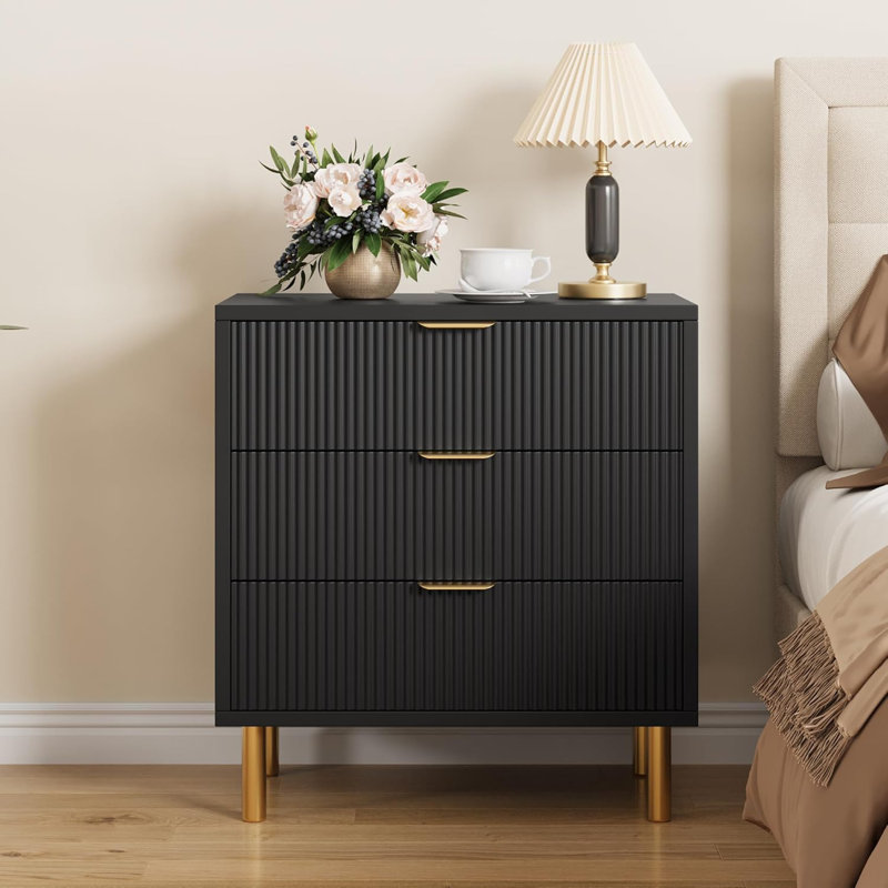 Commode, commode 3 tiroirs moderne pour chambre à coucher avec poignée dorée et grand tiroir, Naturel